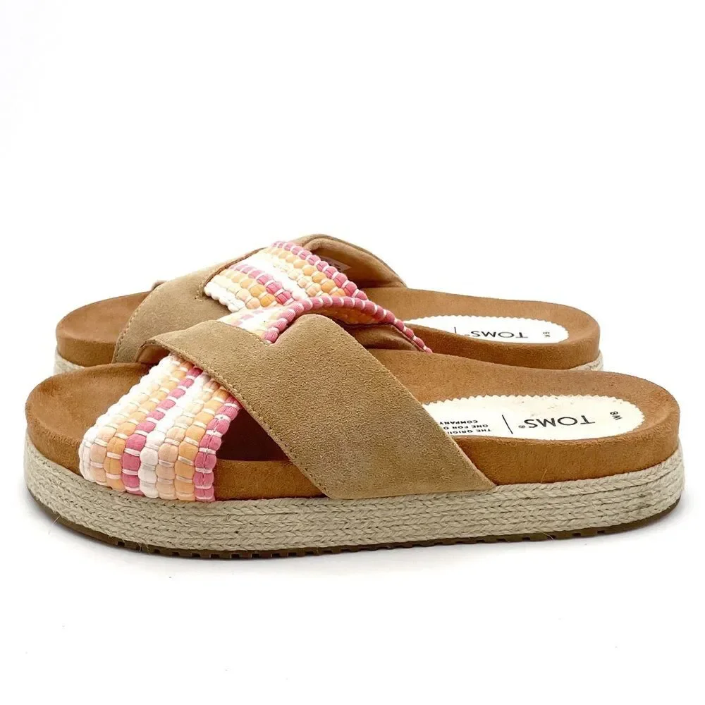 TOMS Paloma Slides Honey Tan Coral & Cream Rope Platform Sandals Women’s Size 8